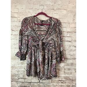 Essentials Milano Top Womens XL Pink & Black Paisley Satin Tie Front Layered